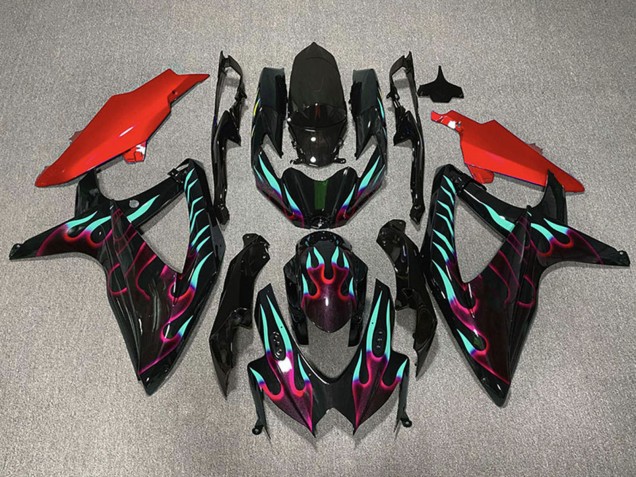Carena Moto Suzuki GSXR 600 / GSXR 750 2008-2010 - Nero Lucido Rosso Ciano Fiamma