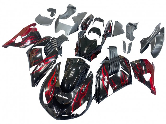 Kit Carena Moto Kawasaki ZX14R ZZR1400 2006-2011 - Nero Lucido Rosso Fiamma