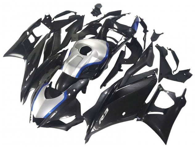 Carena Moto Yamaha YZF R3/R25 2022-2024 - Nero Fibra di Carbonio Stile Argento Blu