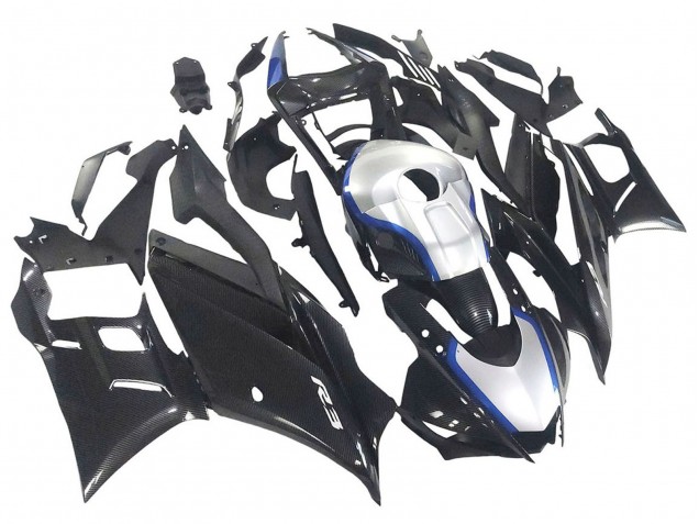 Carena Moto Yamaha YZF R3/R25 2022-2024 - Nero Fibra di Carbonio Stile Argento Blu