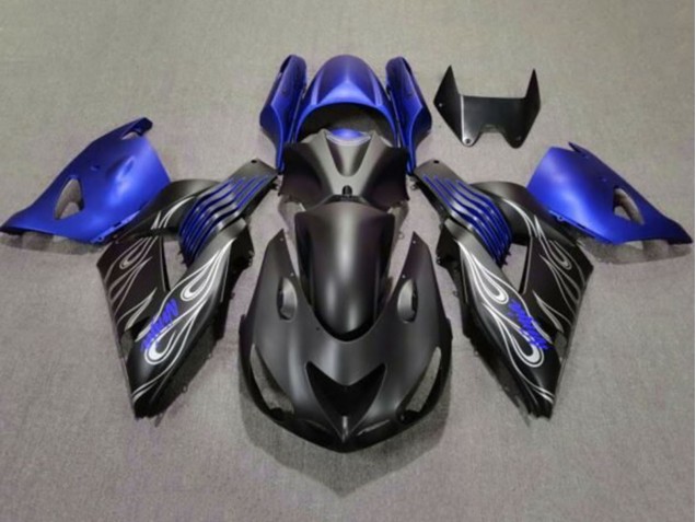Carena Moto Kawasaki ZX14R ZZR1400 2006-2011 - Nero Opaco Blu Argento Fiamma