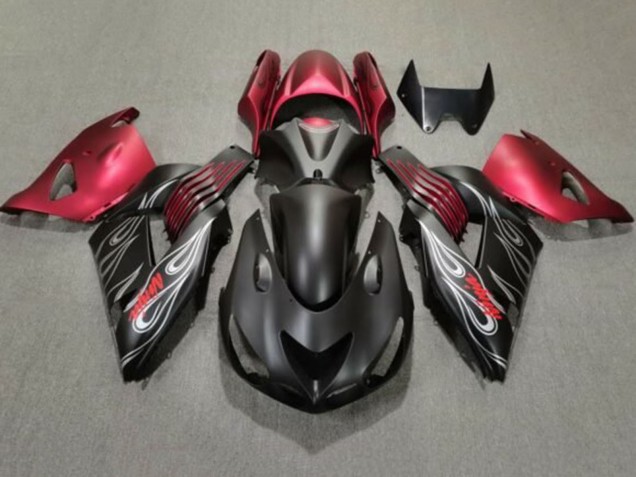Carena Moto Kawasaki ZX14R ZZR1400 2006-2011 - Nero Opaco Rosso Argento Fiamma