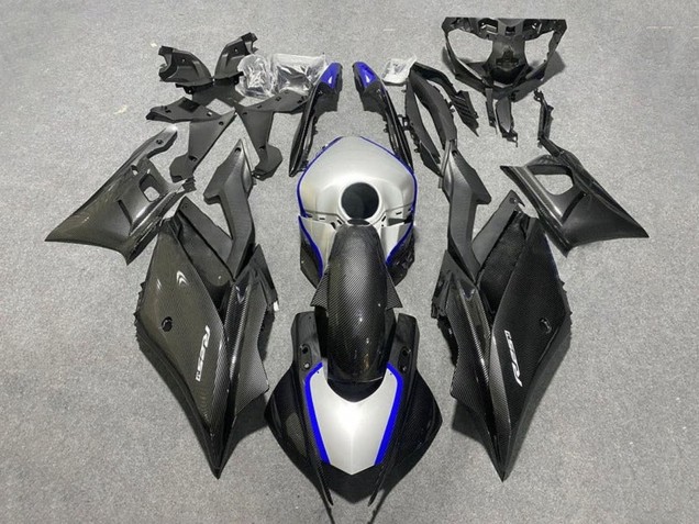 Carena Moto Yamaha YZF R3/R25 2019-2021 - Nero Fibra di Carbonio Stile Argento Blu