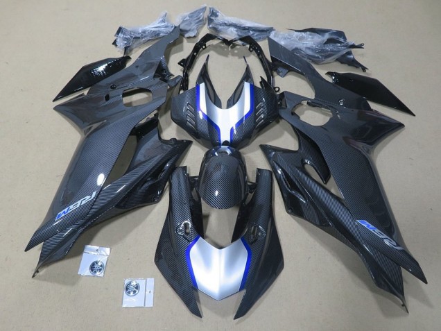 Carene Moto Yamaha YZF R6 2017-2025 - Argento Blu Nero Falso Fibra di Carbonio